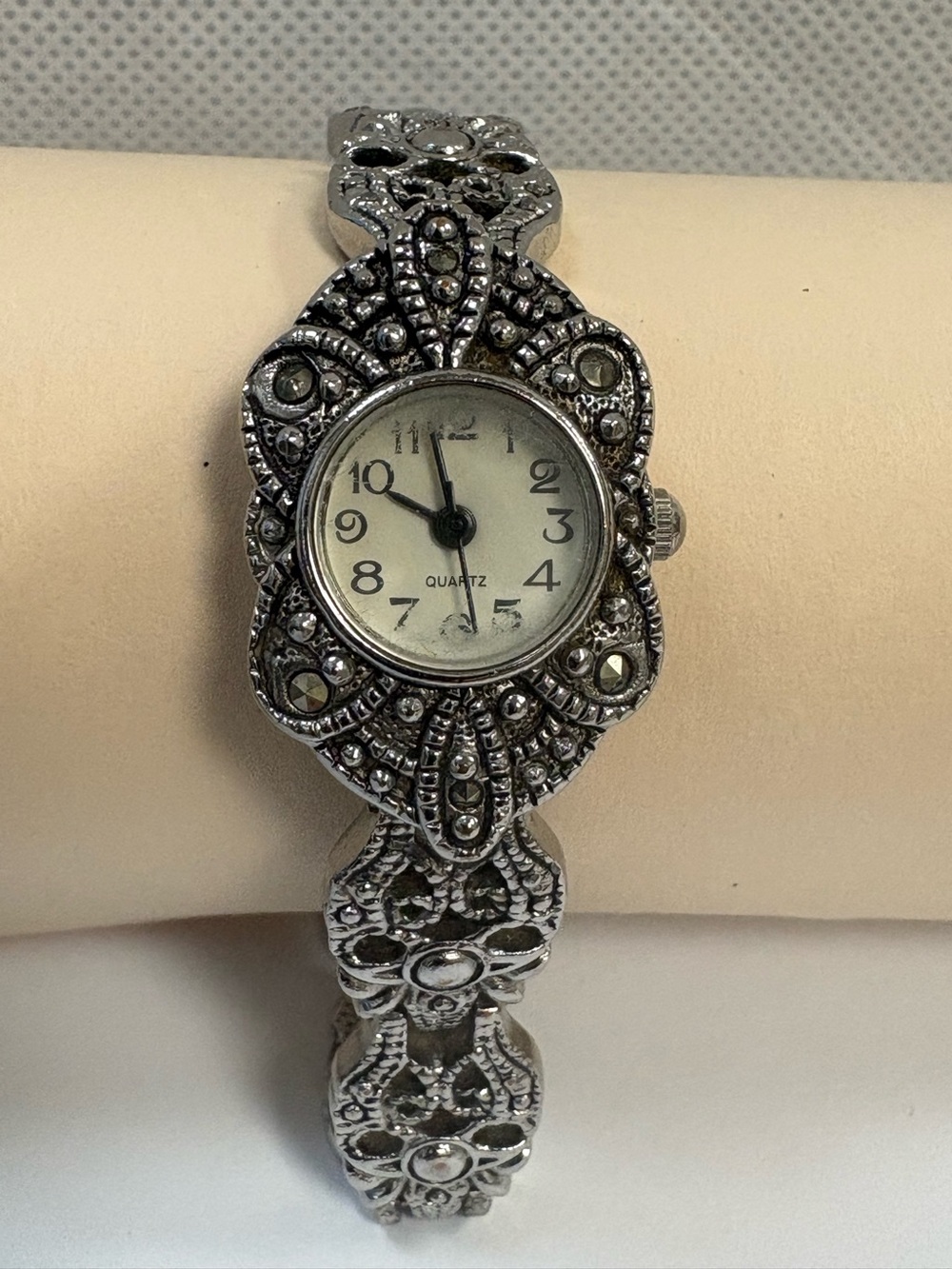 Vintage Marcasite Style Silver Tone Quartz Bracelet Watch Art Deco